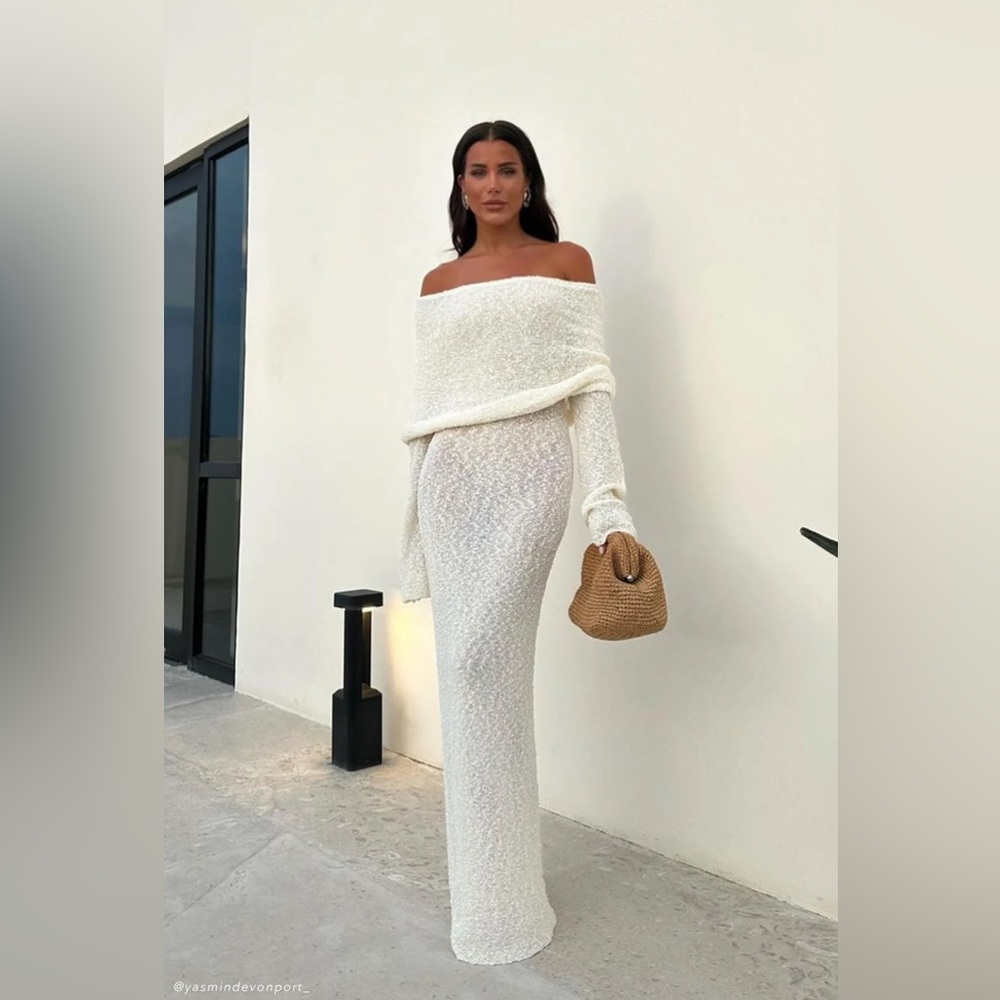 Meshki - Marisol off shoulder boucle maxi dress in Ivory